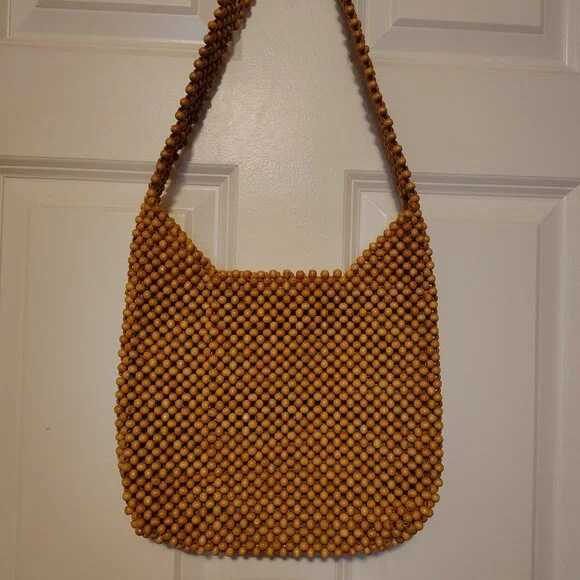 Vintage Bijoux Terner Wood Beaded Shoulder Bag Purse Western Minimalist Boho - Picture 7 of 9